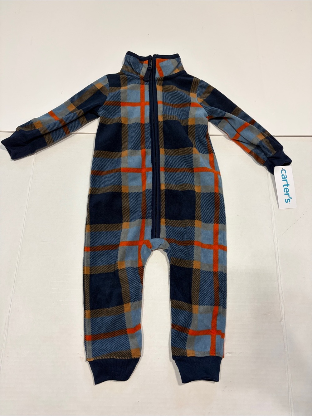 Carter's Navy, Blue & Orange Plaid Fleece One-Piece